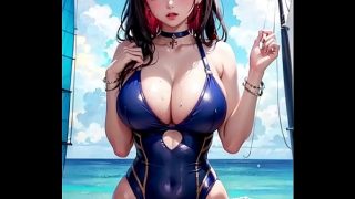 Anime Teen in  Bikini naked on Beach, ASMR masturbation , juicy cameltoe , Uncensored Hentai