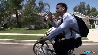 These two guys were riding their bikes and later they fucked a big titted bimbo.